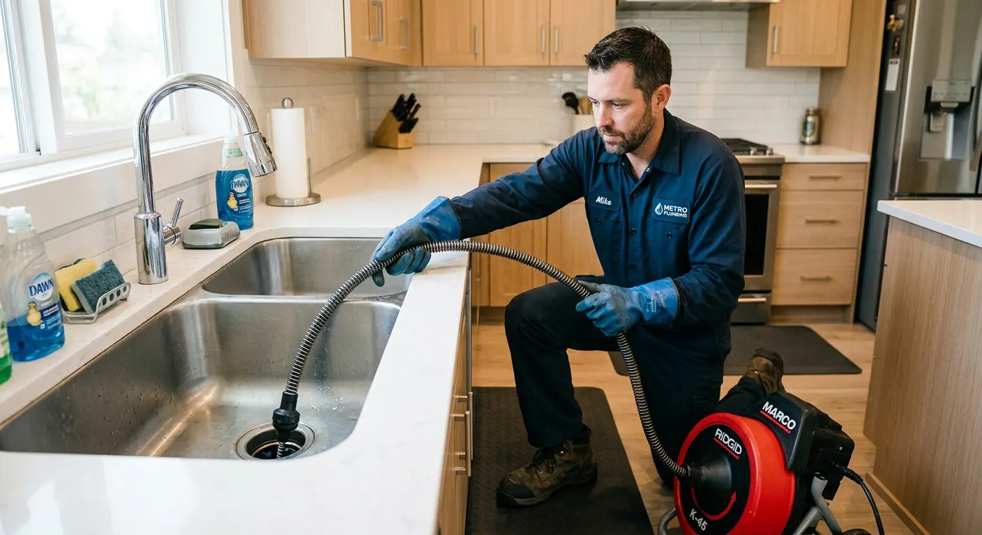 Drain cleaning technician using a motorized snake on a kitchen sink in Macon-Bibb County