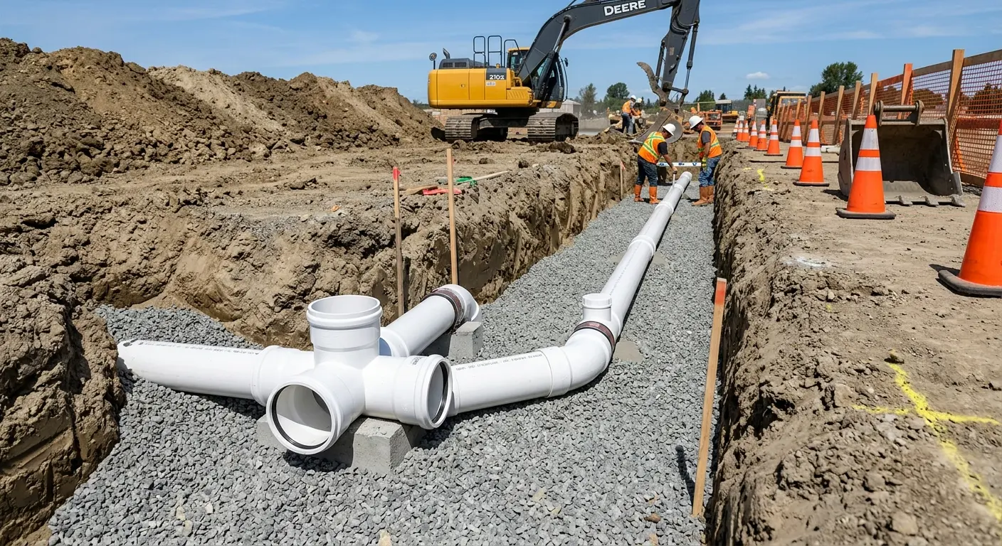 New PVC sewer pipe installation in open trench for Sewer Backup in Macon-Bibb County
