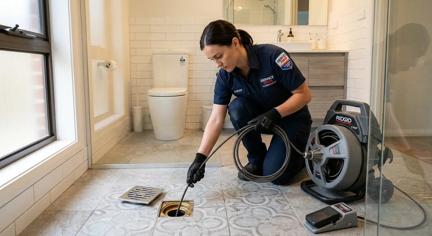 Technician clearing a bathroom floor drain for Drain Cleaning in Macon-Bibb County